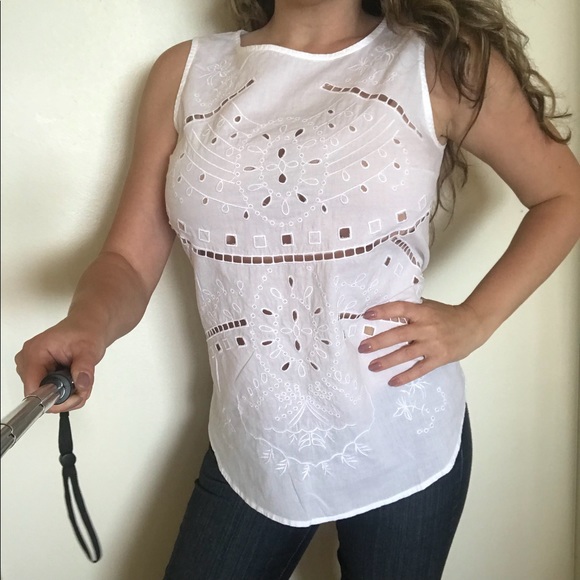 Adiva Tops - Adiva Eyelet White Sleeveless Cotton Top Small